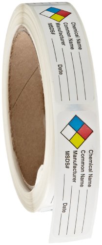 2 Set Roll Products 163-0004 Litho Removable Adhesive HMIG Label with 4 Color Imprint, Chemical Name (with blank), 2-1/2" Length x 3/4" Width, For Identifying and Marking, White (Roll of 250)
