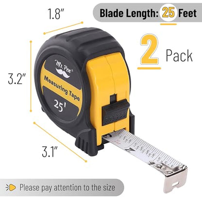Mr. Pen- Retractable Tape Measure 25 ft, 2 Pack, Yellow, Easy Read - color: Yellow, size: 2 pcs