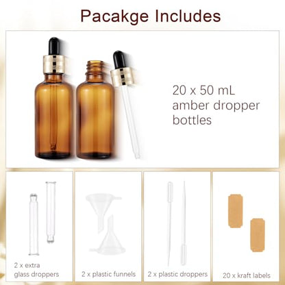 20 Pack 50ml Amber Glass Sample Dropper Bottles with Golden Caps - color: Amber, size: 50mL-20pcs