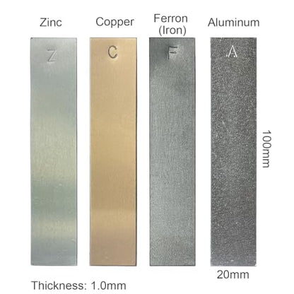 Metal Electrodes Strips 4 Piece Set, Copper,Zinc,Iron & Aluminum Marked with the Symbol for Electrochemical Experiments - size: Copper/Zinc/Iron/Aluminum
