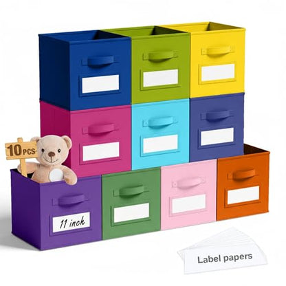 10 Pack Fabric Storage Cubes with Label 11" Collapsible Cube Bins, Candy - color: Candy, size: 11 Inch