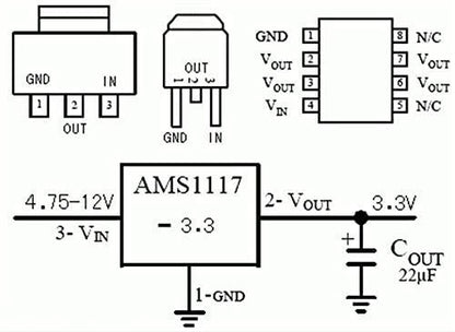 10 Pack 3 Pins AMS1117-3.3 DC 4.75V-12V to 3.3V Voltage Regulator