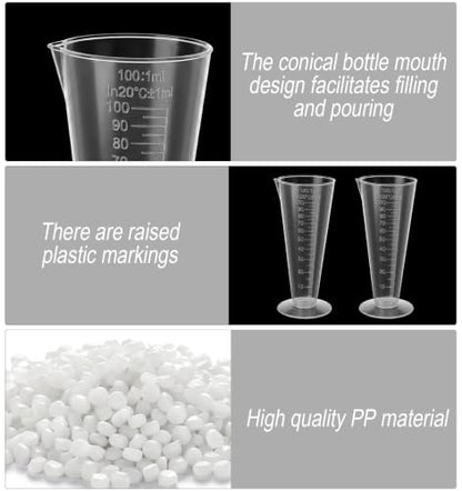 2 Pack 100ml Measuring Cup, Clear Plastic Cone Round Base