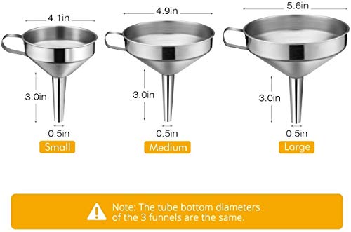 Kitchen Funnel, 3 Piece Stainless Steel Funnels Set with Handle Design and Removable Strainer, Great for Transferring of Liquid, Fluid, Dry Ingredients & Powder, Funnels for Filling Bottles - size: 3 Pack (5.7" + 5.0" + 4.1")