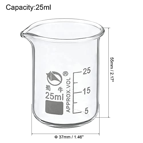 PATIKIL 25ml Low Form Glass Beaker, 3.3 Borosilicate Glass Graduated Printed Scale Measuring Cups with Spout for Kitchen Lab Liquids Transit Boiling - size: 25ml