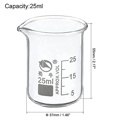 PATIKIL 25ml Low Form Glass Beaker, 3.3 Borosilicate Glass Graduated Printed Scale Measuring Cups with Spout for Kitchen Lab Liquids Transit Boiling - size: 25ml