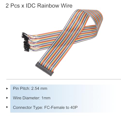 MECCANIXITY 2 Pcs IDC Rainbow Wire Flat Ribbon Cable FC-Female to 40P 19.6 Inch Length 2.54mm Pitch Breadboard Jumper Wires for Electronic Projects - size: 19.6 Inch, style: 40 Pin