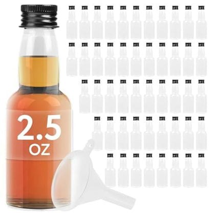 IMPRESA Mini Plastic Bottles - 75ml (2.5oz), Clear, 50-Pack - Liquor Containers with Airtight Caps, Reusable & Dishwasher Safe