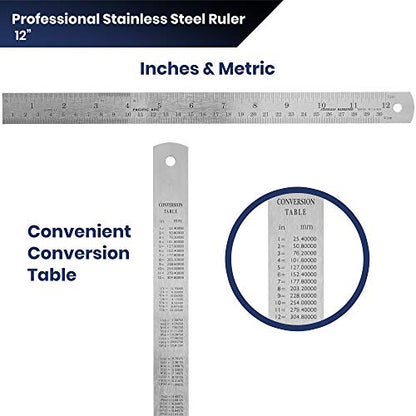 Pacific Arc 12 Inch Stainless Steel Ruler with Inch/Metric Conversion Table - style: 12 In