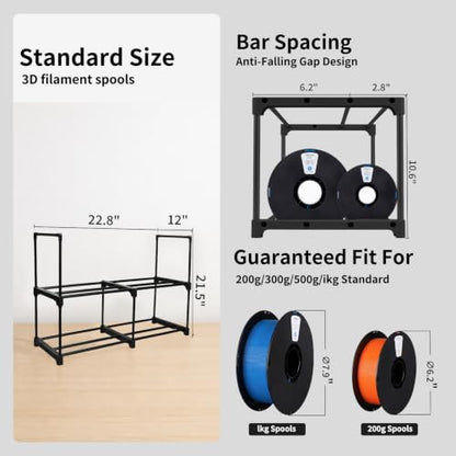 3D Printer Filament Storage Rack Desktop, 2-Tier Metal Filament Spool Holder, Fits 12 Spools(1KG), For 3D Printing PLA/ABS/PETG/TPU, Filament Spool Organizer, Ideal for Home, Office, Workshop(Black)