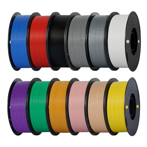 Kingroon PLA 3D Printer Filament, 12Rolls, Dimensional Accuracy +/- 0.03 mm, 12kg Spool(26.4lbs), 1.75 mm，Black White Grey Red Green Yellow Purple Skin Blue Silver Pink Orange - color: 12*1kg (Black&white&grey&red&blue&green&pink&yellow&orange&purple&silv