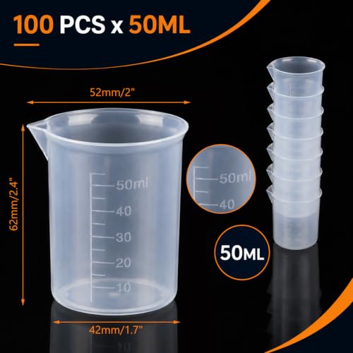 100 Pack Plastic Beakers 50ml / 1.7oz Graduations Premium Polypropylene Plastic Graduated Measuring Cups for Science Lab Equipment, Home Experiment, School Teaching Supplies Transparent