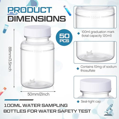 Lounsweer 50 Pcs 100ml Sterile Water Sampling Bottles with 10mg Sodium Thiosulfate, Leakproof for Drinking Water Safety Testing, Total Coliform Detection