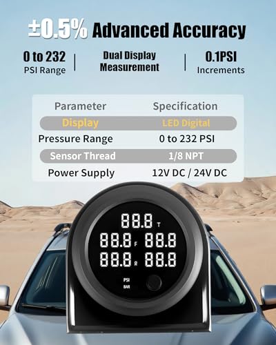 232PSI Air Pressure Gauge Five Display Air Suspension Gauge Digital LED Display 12V/24V DC Air Ride Pressure Meter Kit with 1/8NPT Sensor for Air Ride Air Bag Suspension Systems 2-1/16" (52mm) - color: White, size: Five-Display