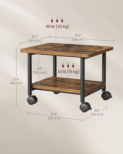 VASAGLE 2-Tier Printer Stand with Locking Wheels, Under Desk Printer Table - color: Rustic Brown + Ink Black, size: 2 Tiers/Compact