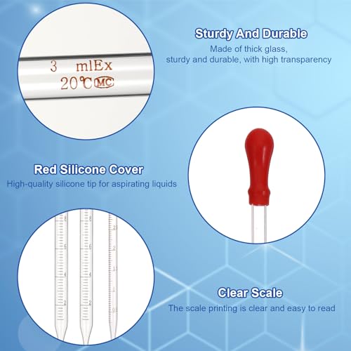 3 Pcs Glass Pipettes Dropper, 10ml & 3ml Graduated Liquid Dropper with Rubber Bulb for Laboratory, Medicine, Research (Blue & Red)