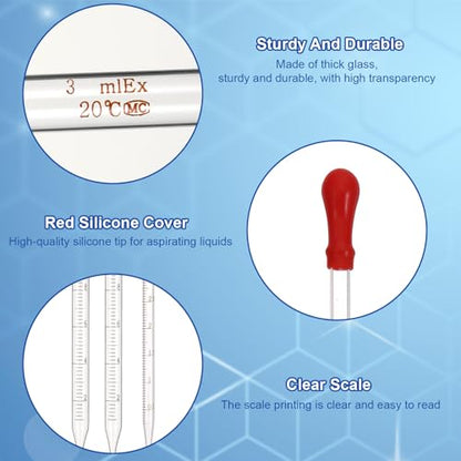 3 Pcs Glass Pipettes Dropper, 10ml & 3ml Graduated Liquid Dropper with Rubber Bulb for Laboratory, Medicine, Research (Blue & Red)