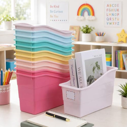 12 Pack Book Bins for Classroom with Labels, Pastel - color: Pastel
