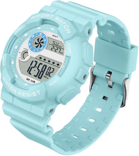 findtime Digital Watch Womens Sport Waterproof White Wrist Watches for Women with Alarm Stopwatch Hourly Chime LED Display 12H/24H Calendar - color: Blue