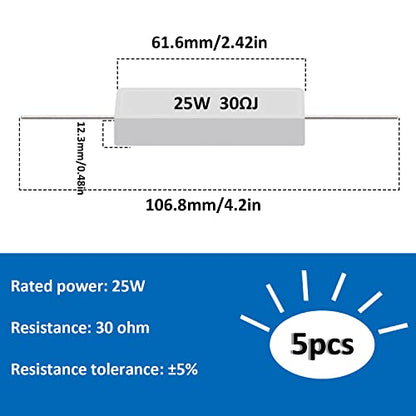 smseace 5pcs 25W 30ohm Ceramic Cement resistors ±5% Tolerance Cement resistors Used in Computer, TV Set, Apparatus - size: 25W-30 ohm