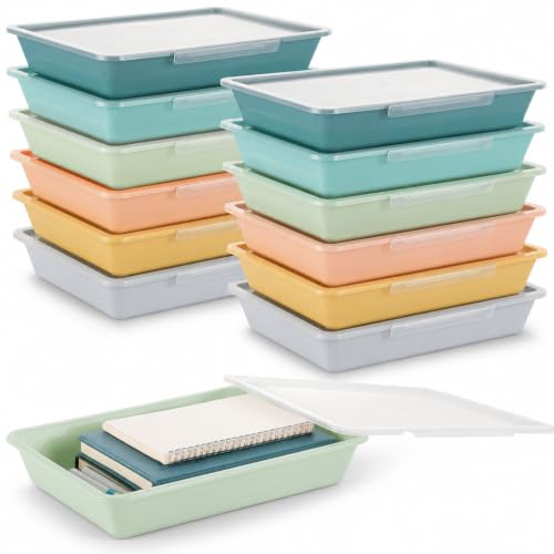 12 Pcs Letter Size Flat Storage Tray with Latching Lid (Morandi) - color: Morandi