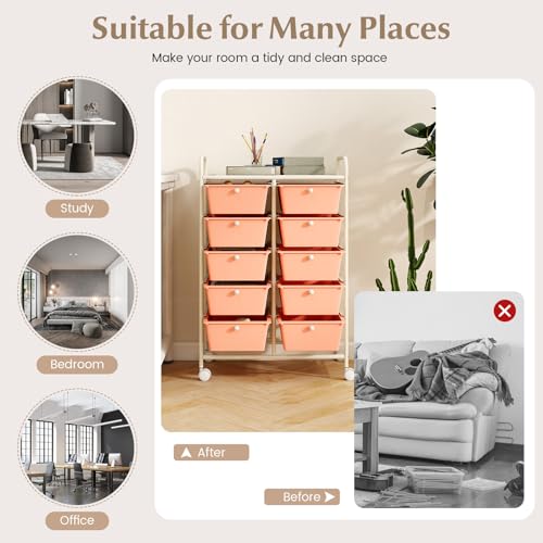 COSTWAY 10 Drawer Rolling Storage Cart, Utility Cart with Lockable Wheels - color: Peach, size: 10 Drawer