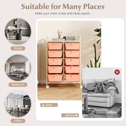 COSTWAY 10 Drawer Rolling Storage Cart, Utility Cart with Lockable Wheels - color: Peach, size: 10 Drawer
