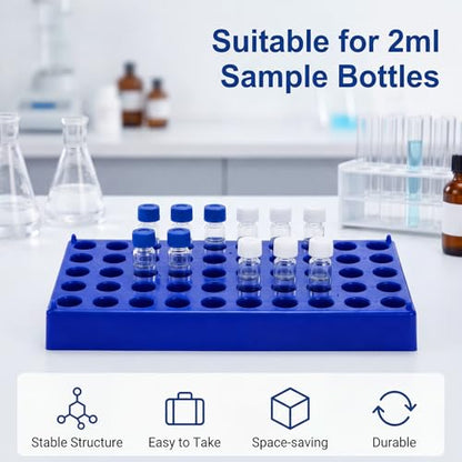 Lawei 6 Pack Vial Rack for 2ml HPLC Sample Bottles, 50 Holes with 13mm Diameter, Stackable Test Tube Holder, Durable Polypropylene Tube Rack, Centrifuge & Lab Bottle Holder with Numbered Grid, Blue