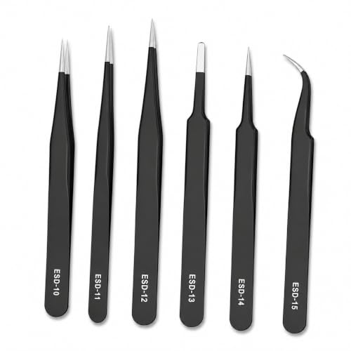 Black Heavy-Duty Precision Tweezers Set 6pcs - Pointed Tip & Curved End Fine-Point Tweezers for Electronics Repair, Making, Crafting, Cleaning - Metal DIY Kit for Hobbyists
