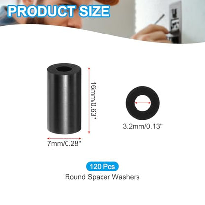 PATIKIL M3 Black ABS ID 3.2mm,OD 7mm,Length 16mm, Nylon Round Spacer Washers, 120Pcs Plastic Standoff Rubber Nut Unthreaded for M3 Screws Electrical Outlet Switch Receptacle - size: 3.2mm x 7mm x 16mm