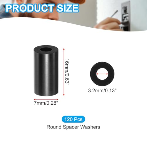 PATIKIL M3 Black ABS ID 3.2mm,OD 7mm,Length 16mm, Nylon Round Spacer Washers, 120Pcs Plastic Standoff Rubber Nut Unthreaded for M3 Screws Electrical Outlet Switch Receptacle - size: 3.2mm x 7mm x 16mm