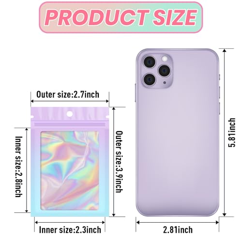 Funfery 100 Pack Gradient Holographic Bags,2.7×3.9In Mylar Resealable Bags with Zipper,Clear Window Packaging Pouch,Smell Proof Foil Bag for Food Storage,Sample Jewelry Baggies(Purple Blue) - color: Purple Blue, size: 2.7x3.9 Inch