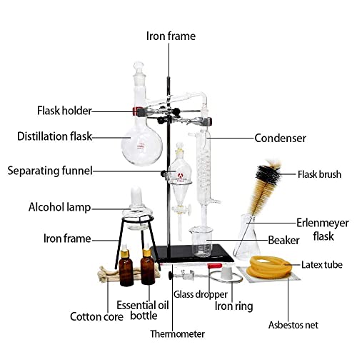 Home Distiller Distilling to Making Your Own Essential Oil, Moonshine, 3.3 Boro Alcohol Distiller Chemistry Lab Glassware Kit,Glass Distilling,Distillation Apparatus 15pcs Set, 500 ML