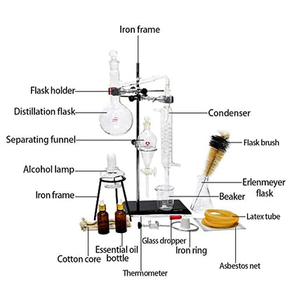 Home Distiller Distilling to Making Your Own Essential Oil, Moonshine, 3.3 Boro Alcohol Distiller Chemistry Lab Glassware Kit,Glass Distilling,Distillation Apparatus 15pcs Set, 500 ML