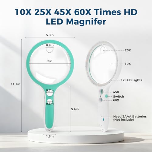Large Magnifying Glass with Light,10X 25X 45X 60X Handheld Illuminated Lighted Magnifier, 5in Page Reading Magnifier with 12 LED Lights for Seniors Reading, Coins, Jewelry, Close Work - Green - color: Green