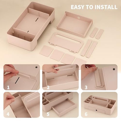 Multipurpose Caddy Organizer with Handle -8 Compartments and 1 small drawer - Art Craft Supplies, Office, Desk, Stationery Pen Holder, Makeup, Bathroom, Shower, Cleaning, Dorm Organizer - Pink