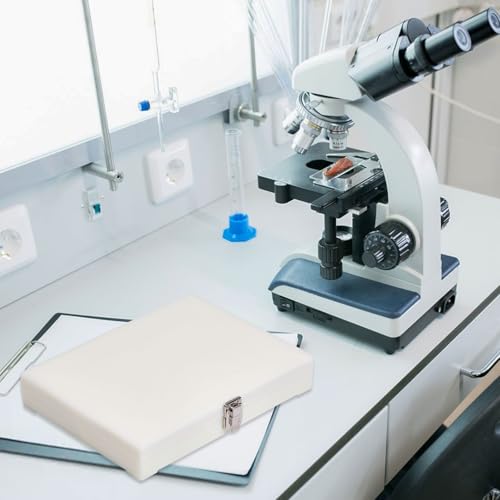 2 Pcs 100 Place Microscope Slide Storage Box, Plastic Microscope Slide Set with Iron Lock for Experiments Analyses Science, White, 8.07×6.3~6.92×1.33 Inch