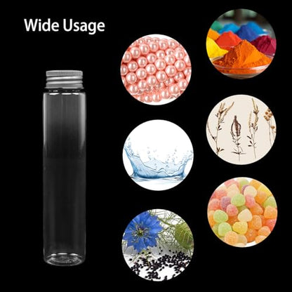Plastic Test Tubes,50 Pack 115ml Test Tubes Flat Plastic Test Tubes Test Tubes with Screw Caps,30x150mm, Funnels Included, Large Reusable Containers for Bath Salt, Candy Storage, DIY Crafts (Silver)
