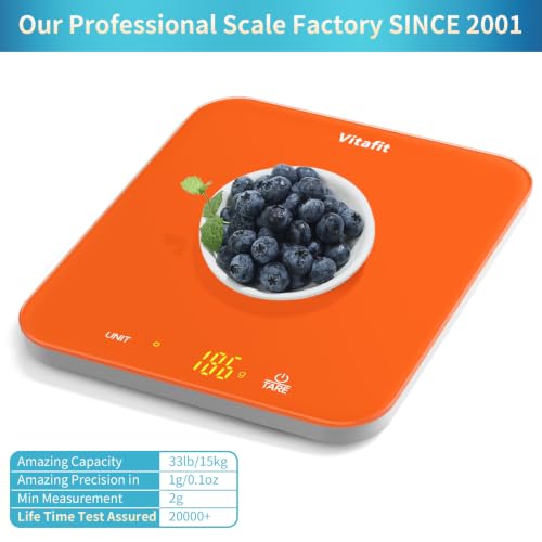Vitafit 33lb/15kg Digital Food Scale in High Precision 0.1oz/1g, Our Own Kitchen Scale Professional Factory Since 2001, Kitchen Essentials for Cooking & Baking, LED, 3xAAA Battery, Refreshing Orange
