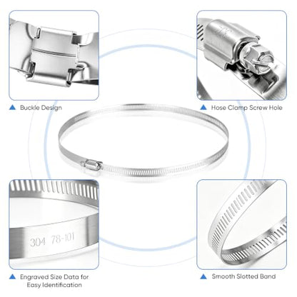 TICONN 4PCS Hose Clamps Set 304 Stainless Steel, 3"-4" Worm Gear - size: SAE #60 4PCS 3''~4"