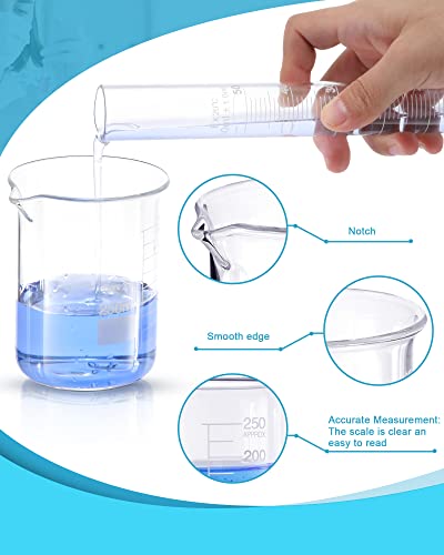 18 Pieces Lab Glassware Set Beaker Flask Cylinder Set Includes 3 Glass Beakers 3 Erlenmeyer Flasks 3 Graduated Measuring Cylinders with Droppers Brushes and Glass Stirring Rod for Lab Experiment