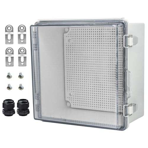 Waterproof Electrical Box with Mounting Plate, IP67 Junction Box Stainless Steel Latch Hinged Clear Cover Project Enclosure with Wall Bracket and 2 Glands 8.3" x 8.3" x 5.1" - color: Clear, size: 8.3" x 8.3" x 5.1"