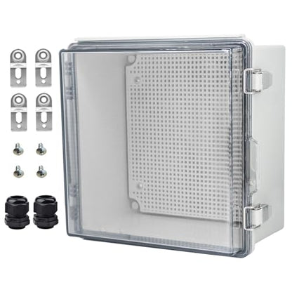 Waterproof Electrical Box with Mounting Plate, IP67 Junction Box Stainless Steel Latch Hinged Clear Cover Project Enclosure with Wall Bracket and 2 Glands 8.3" x 8.3" x 5.1" - color: Clear, size: 8.3" x 8.3" x 5.1"