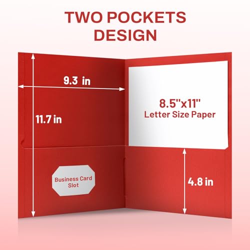 SUNEE Two Pocket Folders, 50 Pack File Folders with Business Card Slot, Textured Paper, Fit Letter Size Paper, Paper File Folder for School Office Home Business, Red - color: Red