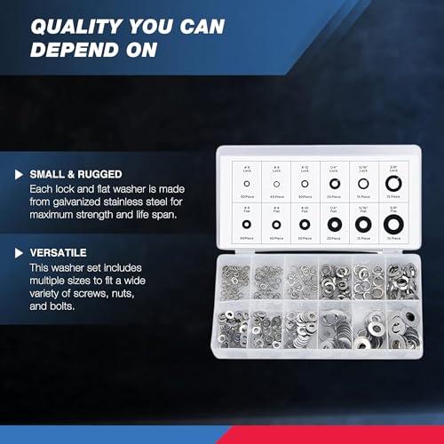 NEIKO 50400A Stainless Steel Lock and Flat Washer Assortment | 350 Piece Set | 12 Different Sizes in Spring Lock and Flat Design | Prevent Loose Fasteners - style: Washer