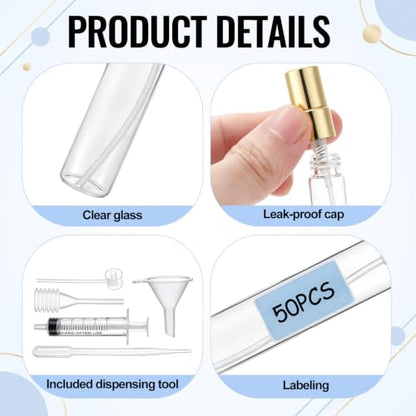 50 Pcs 10 ml Empty Perfume Bottles Label sheets, Portioning Tools Gold Caps