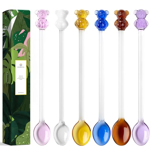 Homestia 6 Pieces Glass Spoons for Coffee Teaspoons Glass Stirring Spoon - color: 6 PCS + 6'' +Bear Glass Colored Stirring Spoon