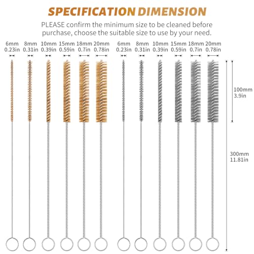 12-Pieces Brass Stainless Steel Wire Brush Set, 12" Long Wire Pipe Cleaner Engine Cleaning Brush Small Wire Brushes for Cleaning Tubes, Cylinders, Narrow Spaces, Auto Parts