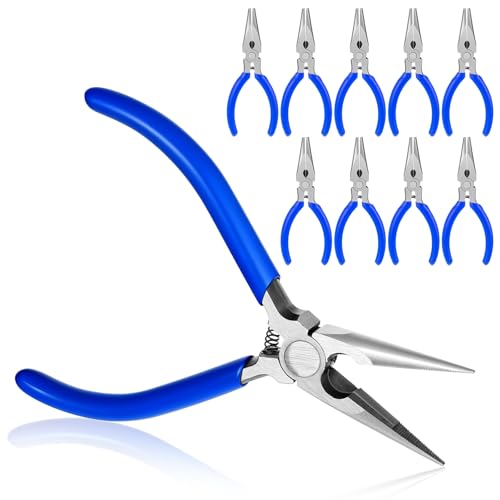 10 Pack 5" Needle Nose Pliers, Long Nose Pliers Set with Side Cutter, Mini Fine Needle Nose Pliers with Serrated Jaw, Precision Small Needle Nose Plier for Jewelry Making/Electronics/Craft (Blue) - color: Blue