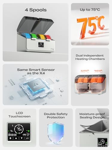 Creality Filament Dryer Box 4 Spools, Space Pi X4L Filament Storage Box, Max 85°C Temperature, Dual Independent Heating Chambers & Fan, Rapid Drying for PLA,PETG,TPU,ABS,PET,PC,ASA,PA,PAHT - size: Space Pi X4L